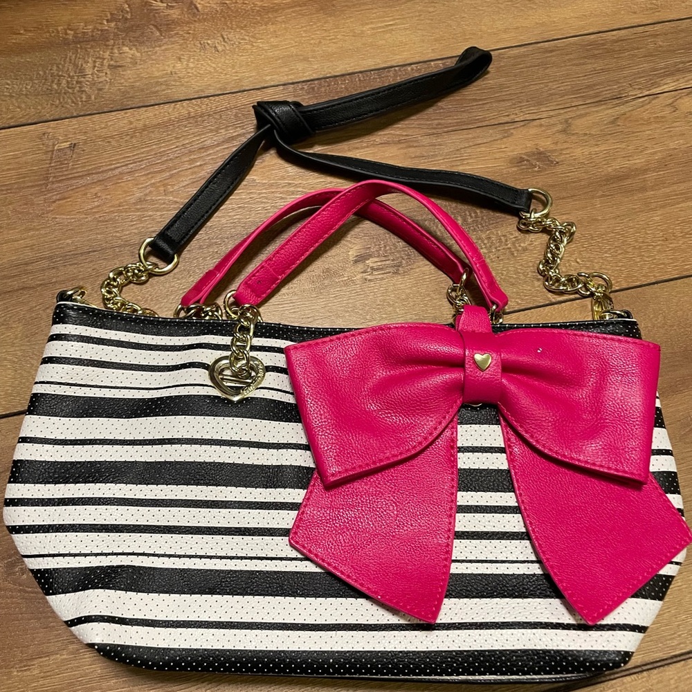Betsey Johnson Pink and Black Shoulder Bag with Bold Stripes and Bow
